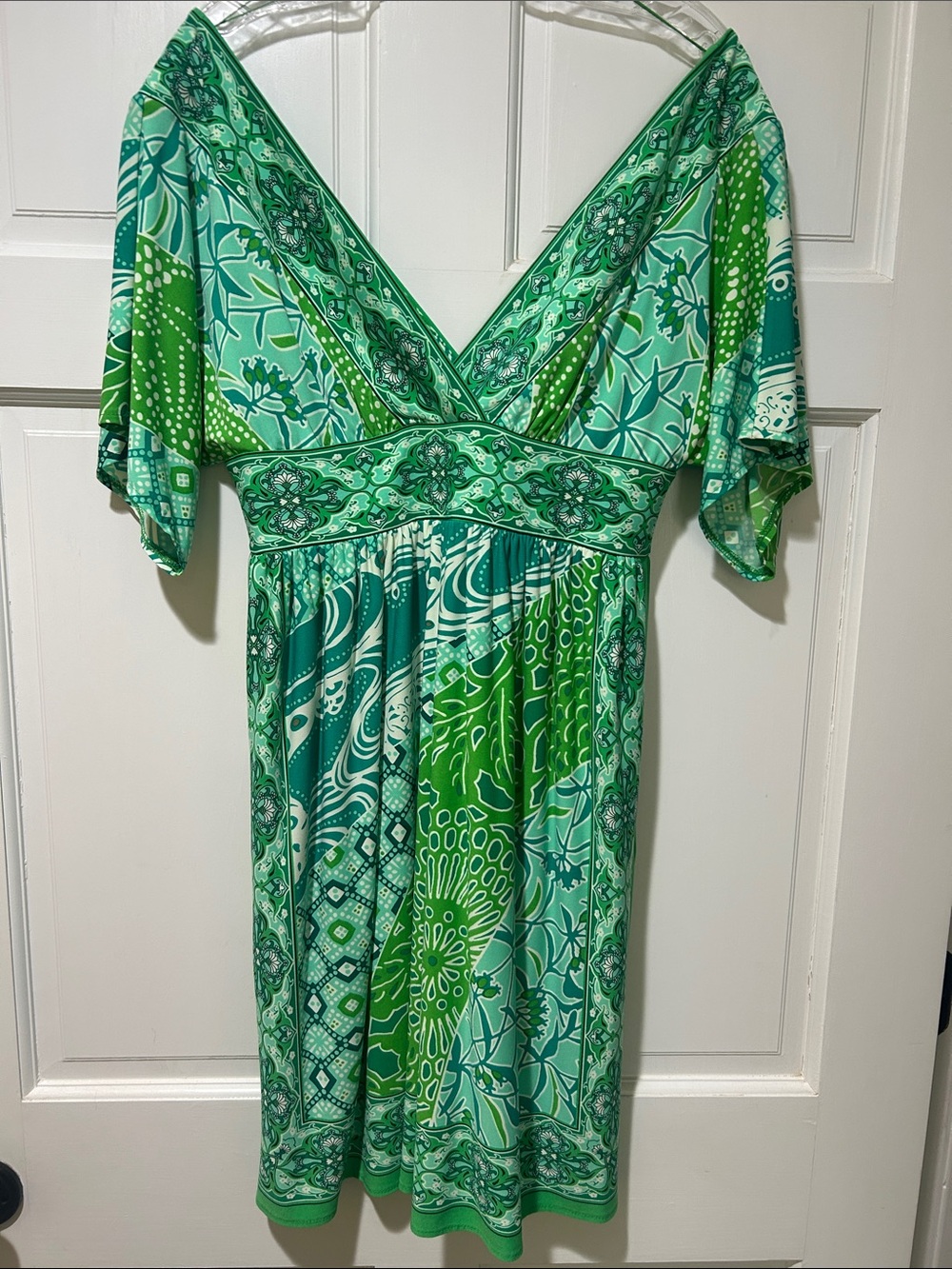 Maggy London Green Patterned Dress with Teal Accents -size 8